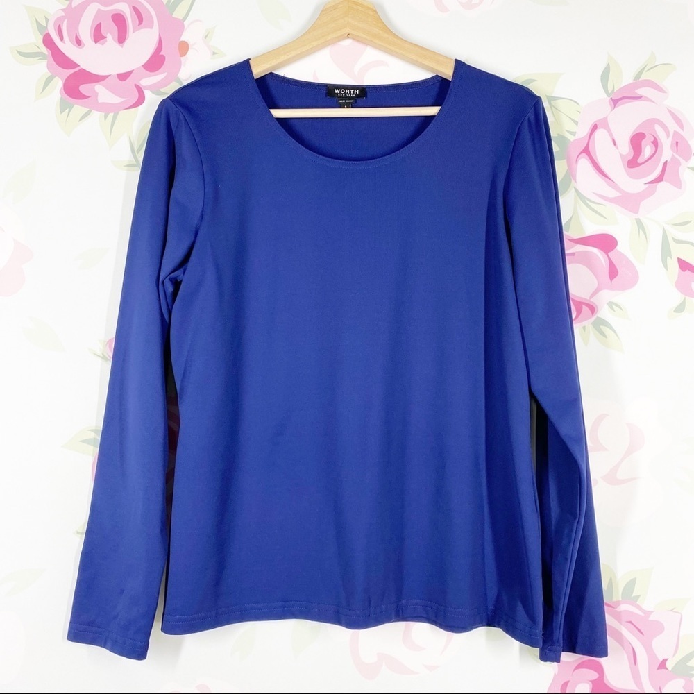 WORTH Shirt L Navy Blue Long Sleeves Classic Crew Neck